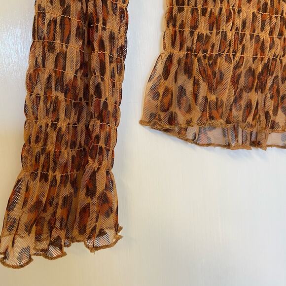 Free People Hello There Top Leopard Print Mesh Long Sleeve Ruched - Picture 12 of 14